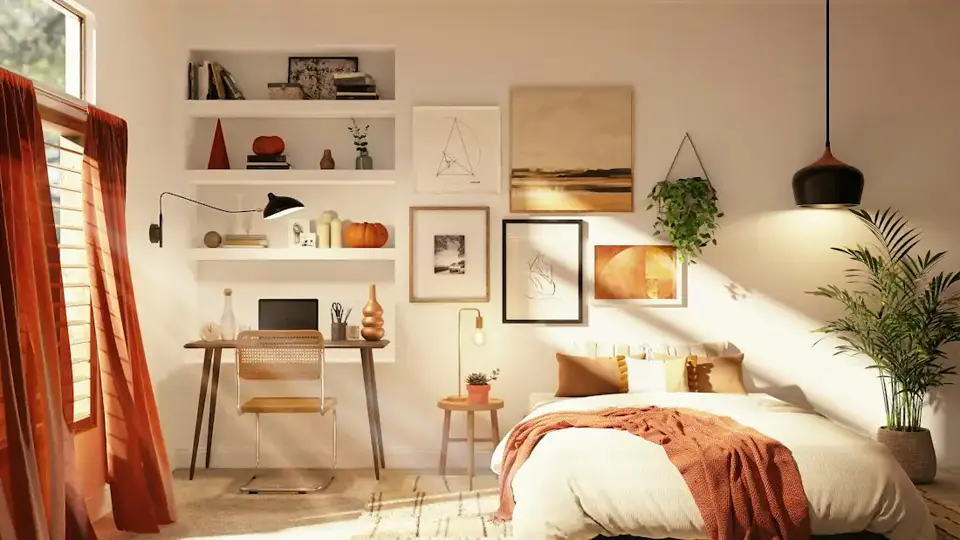 The queen room: a bed with a rust throw, a desk and chair by the window, and shelves above it